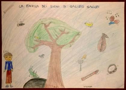 Strumenti musicali e disegni ispirati dalla lettura animata della Favola dei suoni di Galileo Galilei